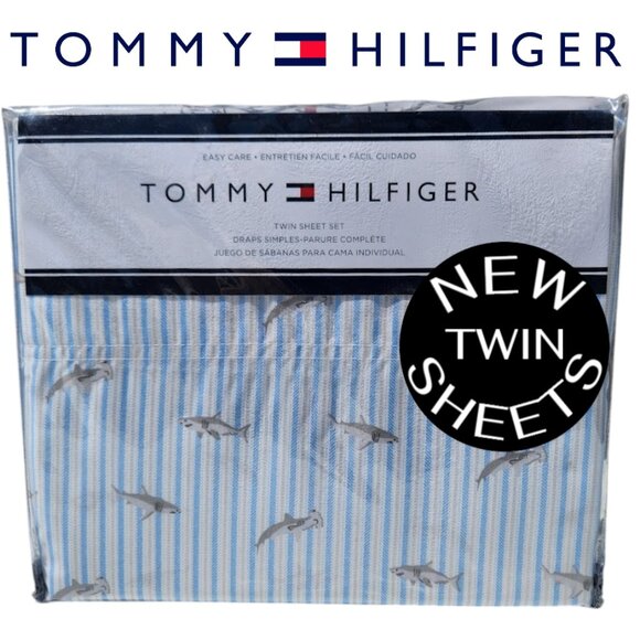 NEW TOMMY HILFIGER Sheets Sheet Set Shark Striped TWIN Size Blue White Pillowcas - Picture 1 of 12